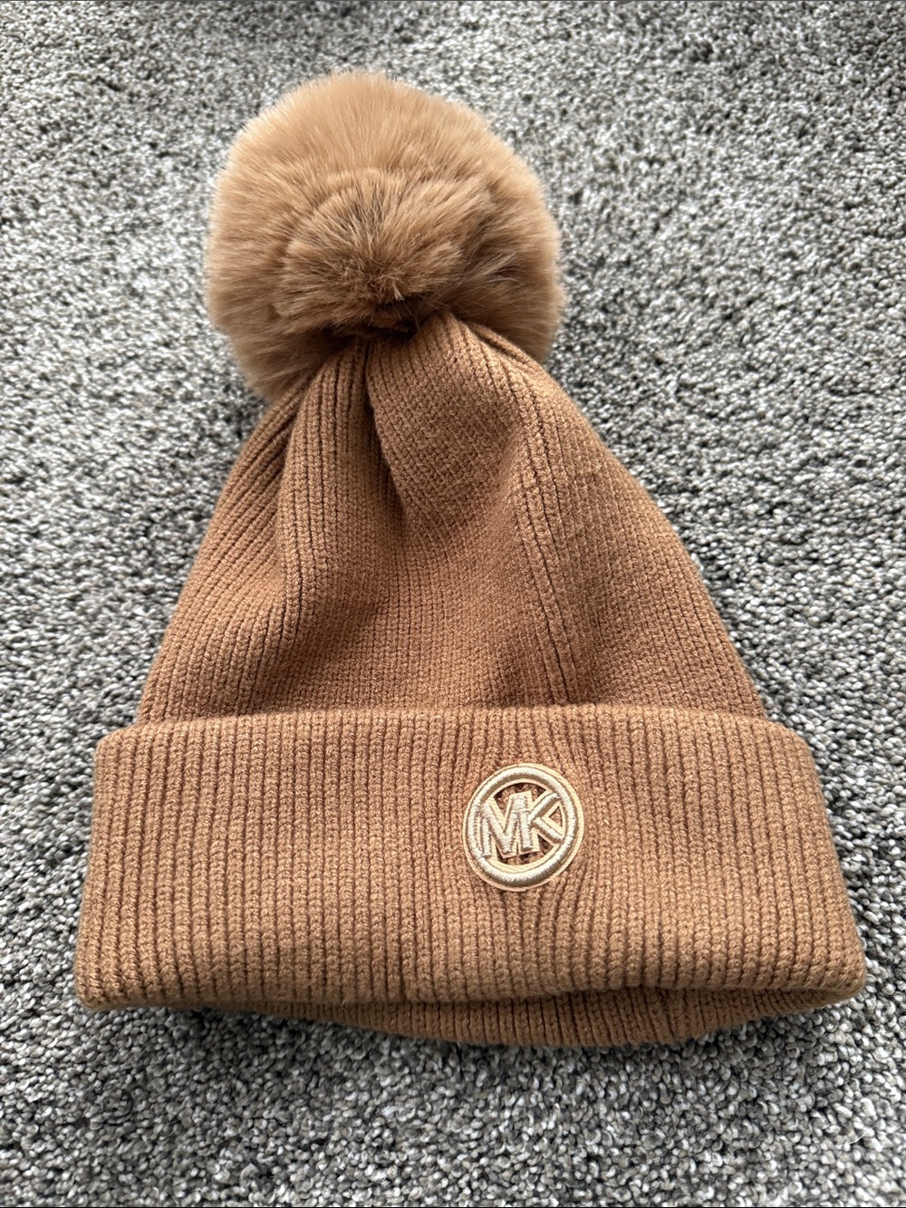 Michael Kors Camel Knit Pom-Pom Beanie with Gold MK Emblem